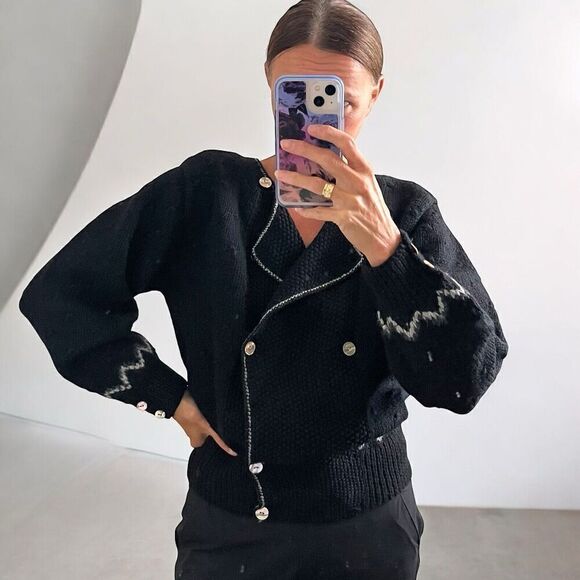 Talbots vintage Wool Cardigan Sweater M Black Y2K 80s Preppy Grandma Capsule - Picture 8 of 15